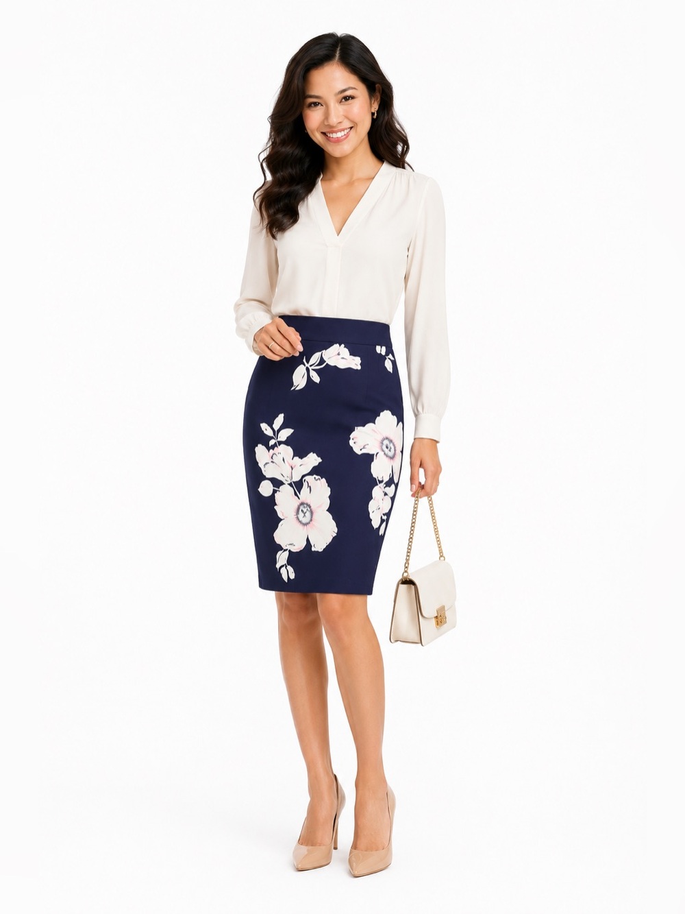 Ann Taylor Blue and White Floral Pencil Skirt for Cocktail